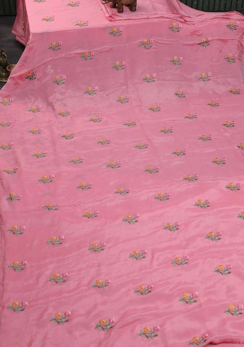 Chiffon Saree Peach Pink With Allover Floral Embroidery Work And Zari Woven Border With Embroidered Design For Women - Indya