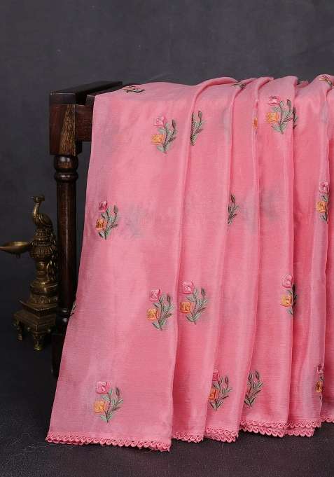 Chiffon Saree Peach Pink With Allover Floral Embroidery Work And Zari Woven Border With Embroidered Design For Women