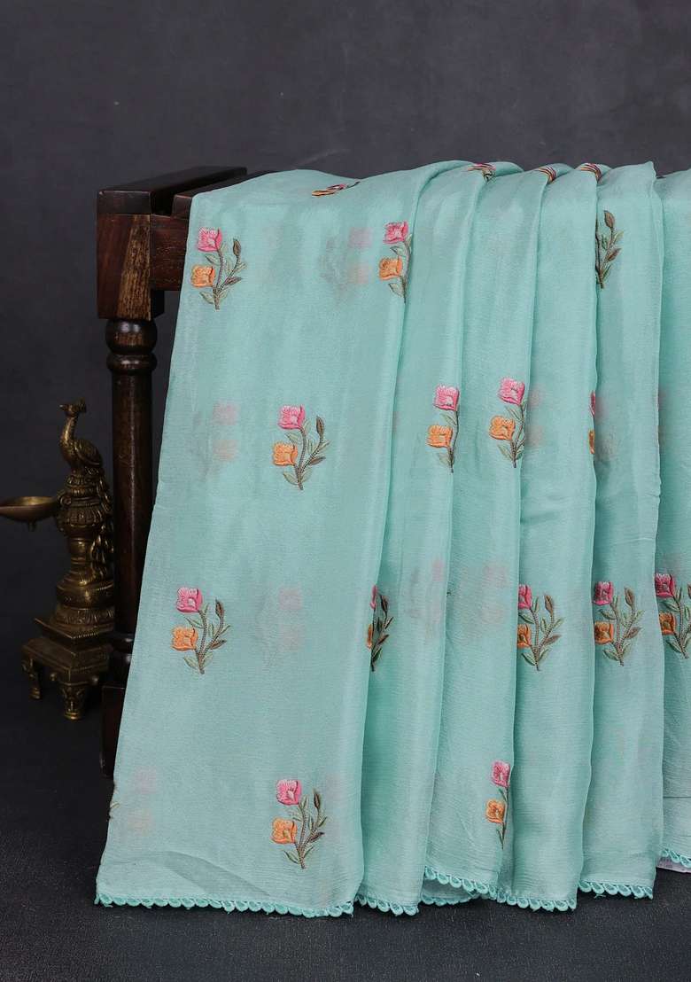 Chiffon Saree Teal Shade With Allover Floral Embroidery Work And Zari Woven Border With Embroidered Design For Women - Indya