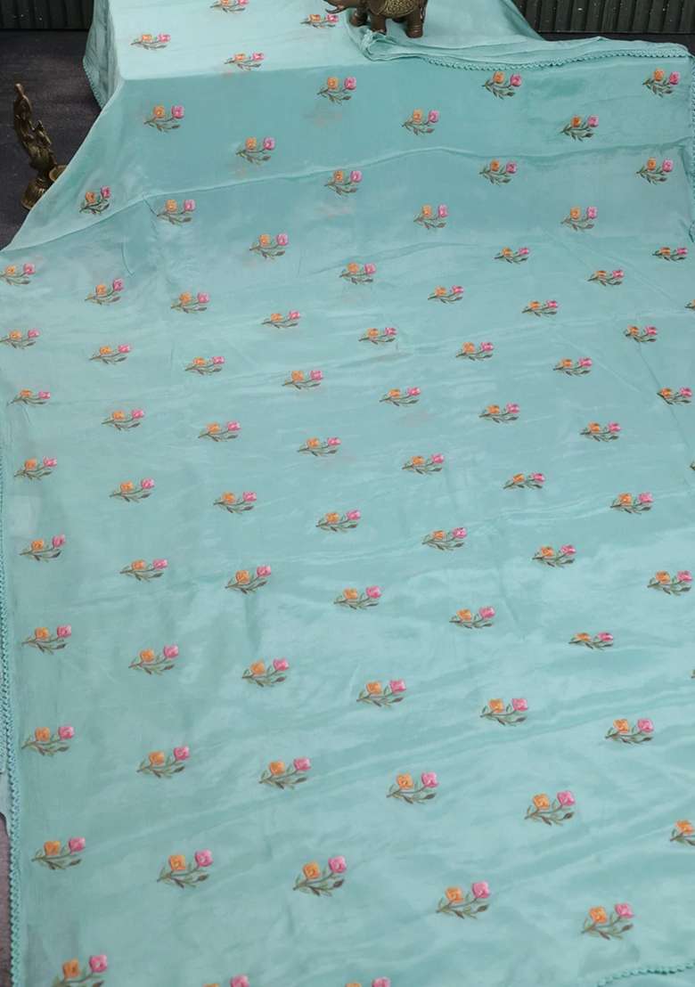Chiffon Saree Teal Shade With Allover Floral Embroidery Work And Zari Woven Border With Embroidered Design For Women - Indya