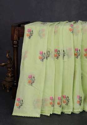 Chiffon Saree Pista Green With Allover Floral Embroidery Work And Zari Woven Border With Embroidered Design For Women
