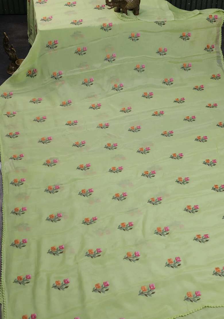 Chiffon Saree Pista Green With Allover Floral Embroidery Work And Zari Woven Border With Embroidered Design For Women - Indya