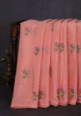 Chiffon Saree Peach With Allover Floral Embroidery Work And Zari Woven Border With Embroidered Design For Women