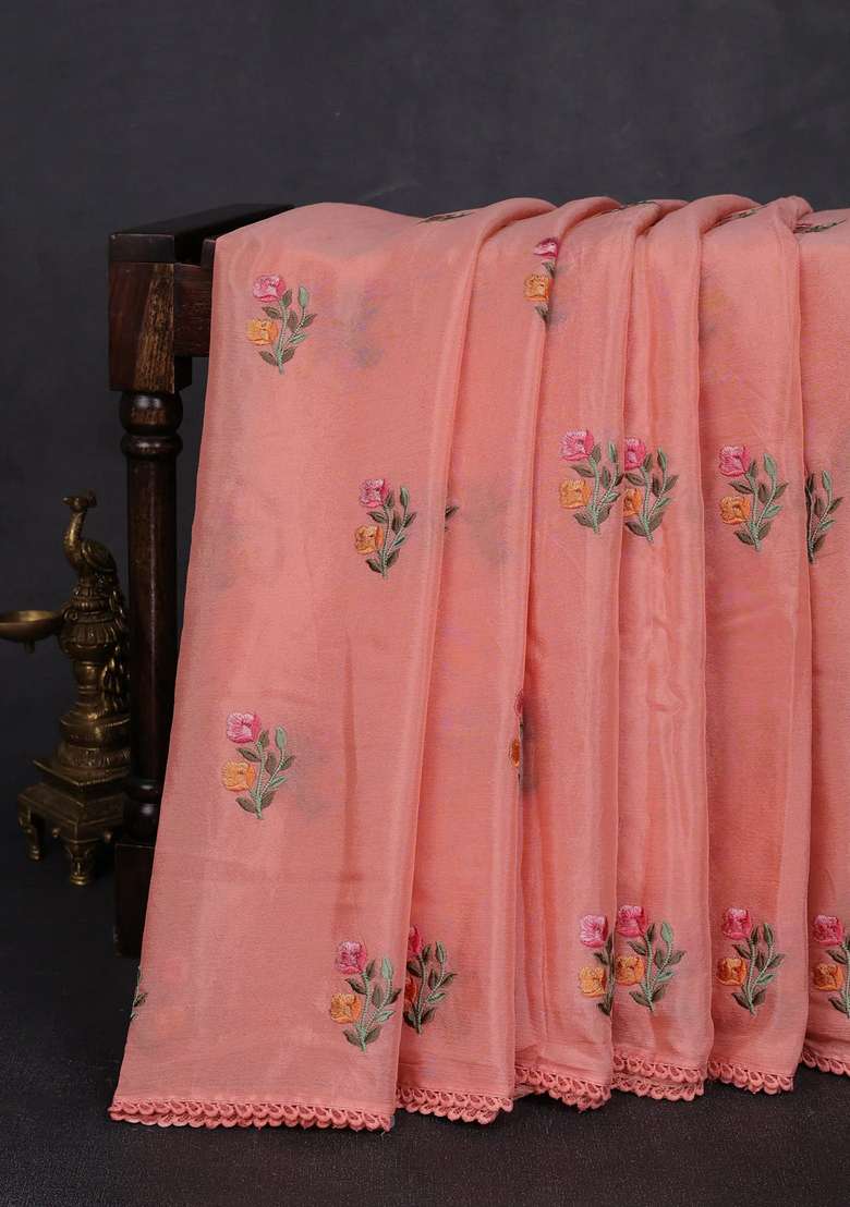 Chiffon Saree Peach With Allover Floral Embroidery Work And Zari Woven Border With Embroidered Design For Women - Indya