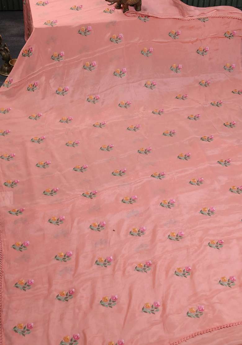 Chiffon Saree Peach With Allover Floral Embroidery Work And Zari Woven Border With Embroidered Design For Women - Indya