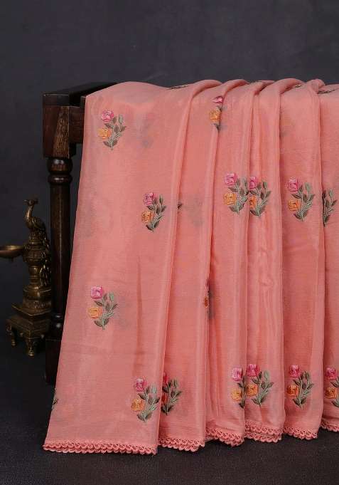 Chiffon Saree Peach With Allover Floral Embroidery Work And Zari Woven Border With Embroidered Design For Women