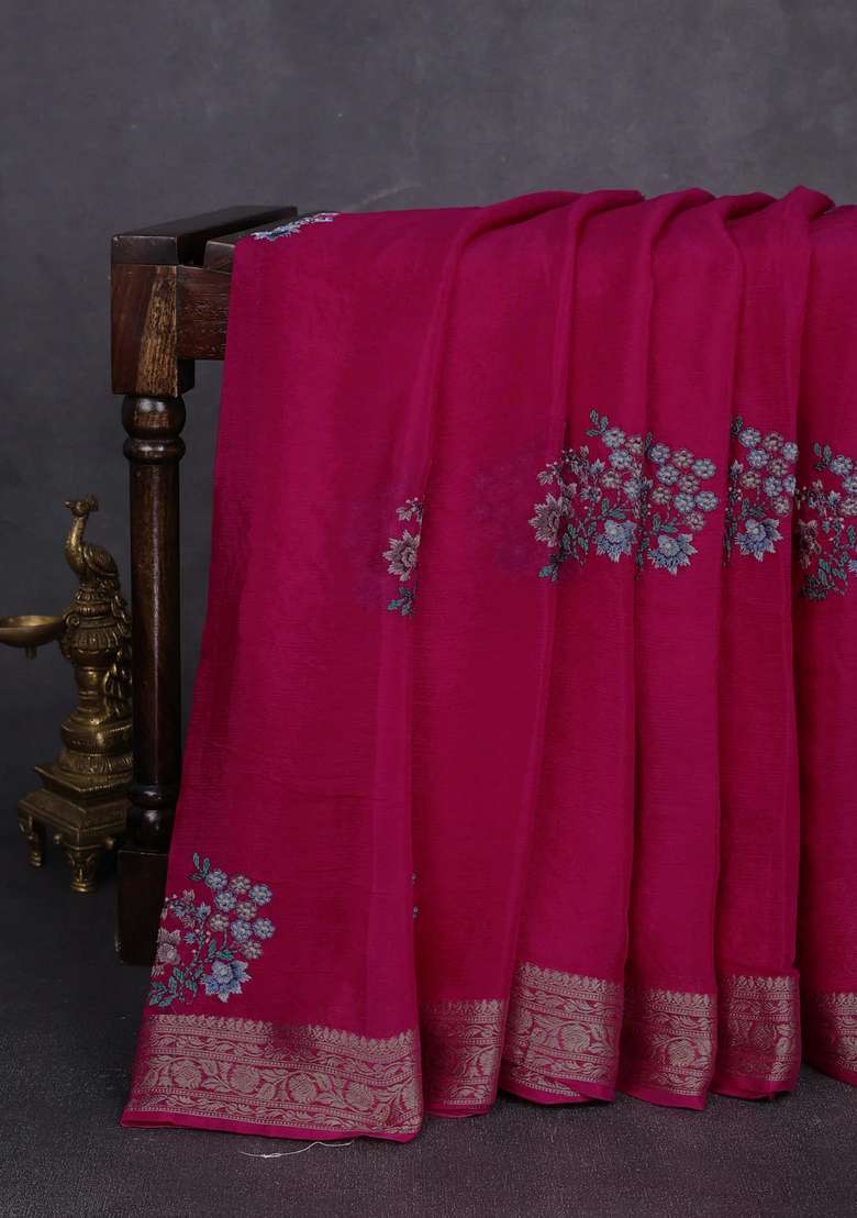 Chiffon Saree Rani Pink With Floral Embroidery Work And Zari Woven Border With Embroidered Design For Women - Indya