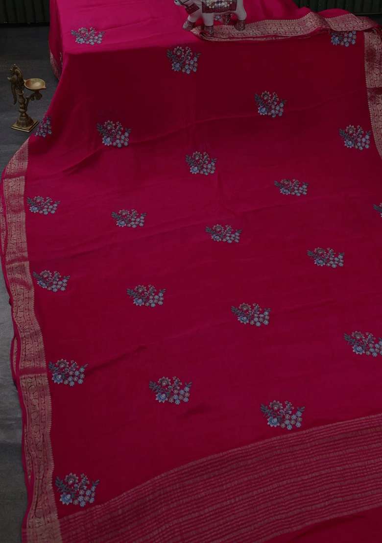 Chiffon Saree Rani Pink With Floral Embroidery Work And Zari Woven Border With Embroidered Design For Women - Indya
