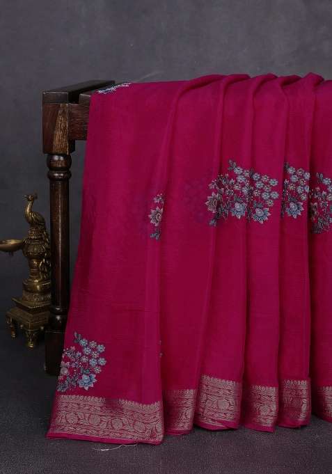 Chiffon Saree Rani Pink With Floral Embroidery Work And Zari Woven Border With Embroidered Design For Women