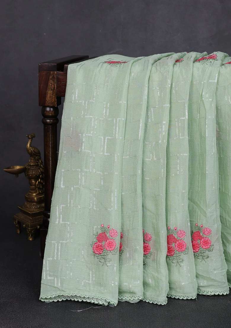 Chiffon Saree Pastel Green With Sequin Embroidery Work And Lace Work Border With Embroidered Design For Women - Indya