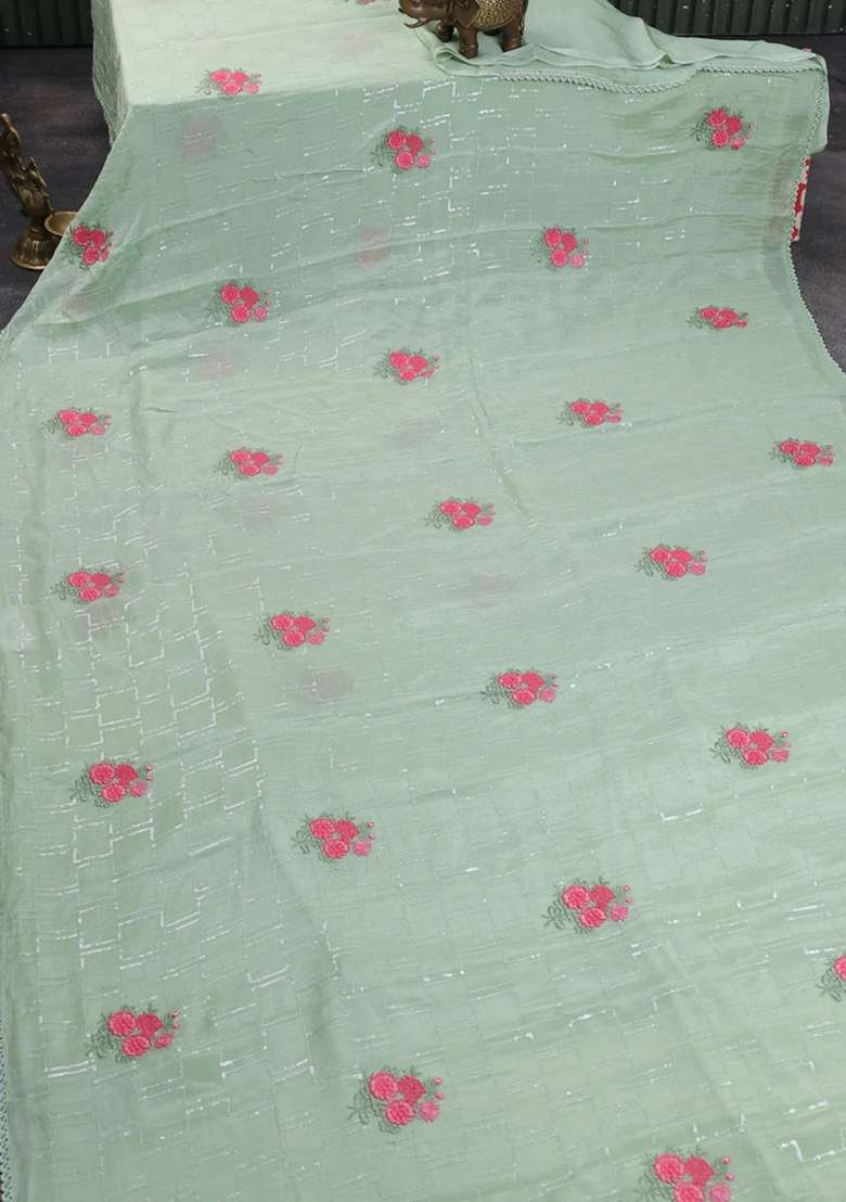 Chiffon Saree Pastel Green With Sequin Embroidery Work And Lace Work Border With Embroidered Design For Women - Indya