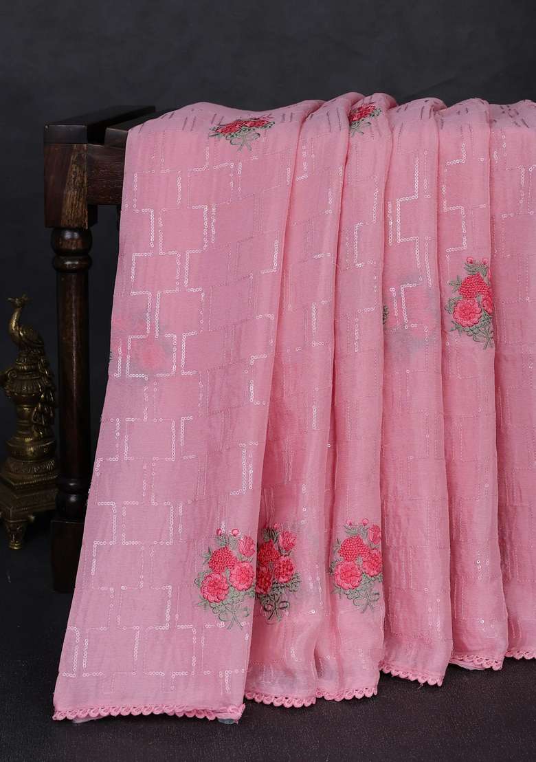 Chiffon Saree Light Pink With Sequin Embroidery Work And Lace Work Border With Embroidered Design For Women - Indya