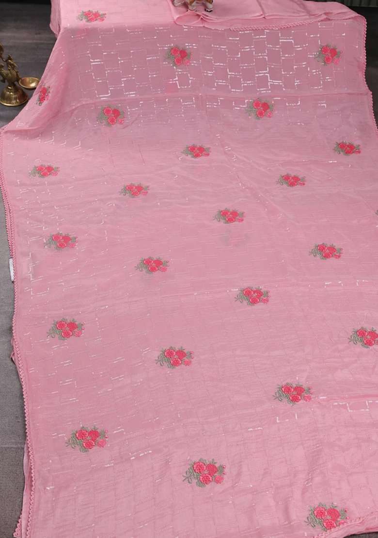 Chiffon Saree Light Pink With Sequin Embroidery Work And Lace Work Border With Embroidered Design For Women - Indya