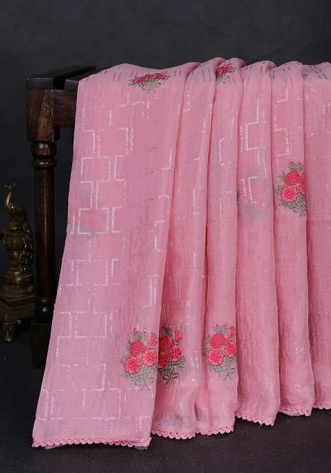 Chiffon Saree Light Pink With Sequin Embroidery Work And Lace Work Border With Embroidered Design For Women