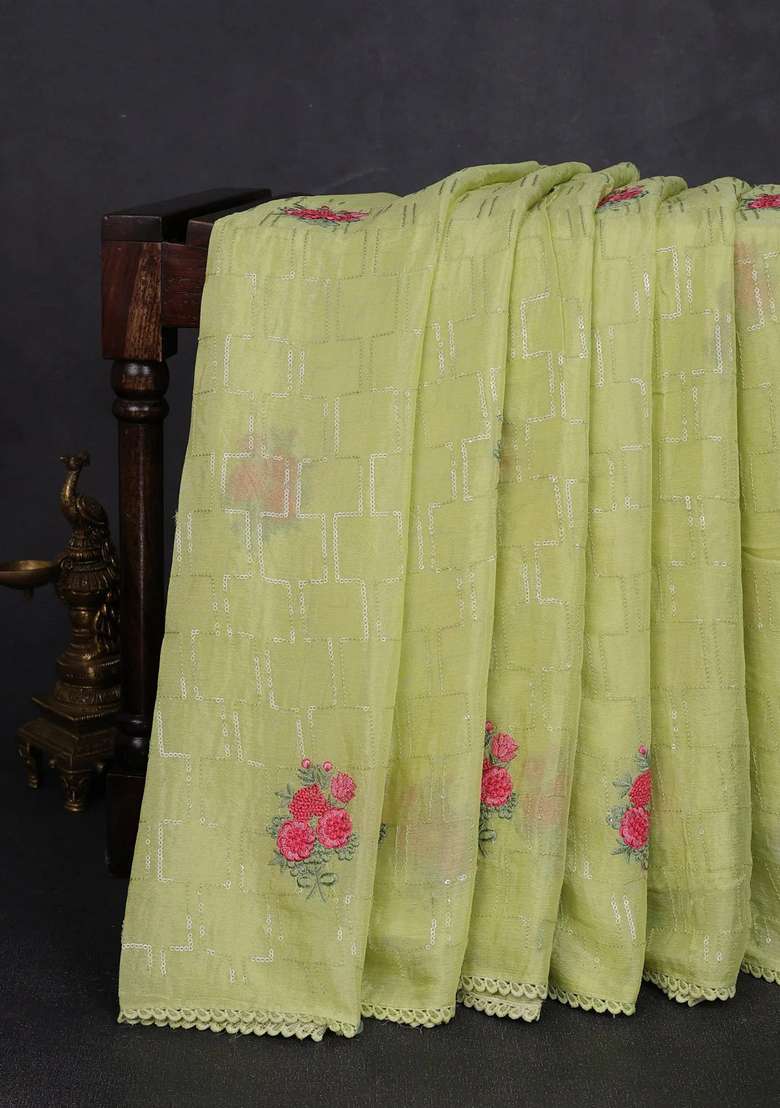 Chiffon Saree Pista Green With Sequin Embroidery Work And Lace Work Border With Embroidered Design For Women - Indya