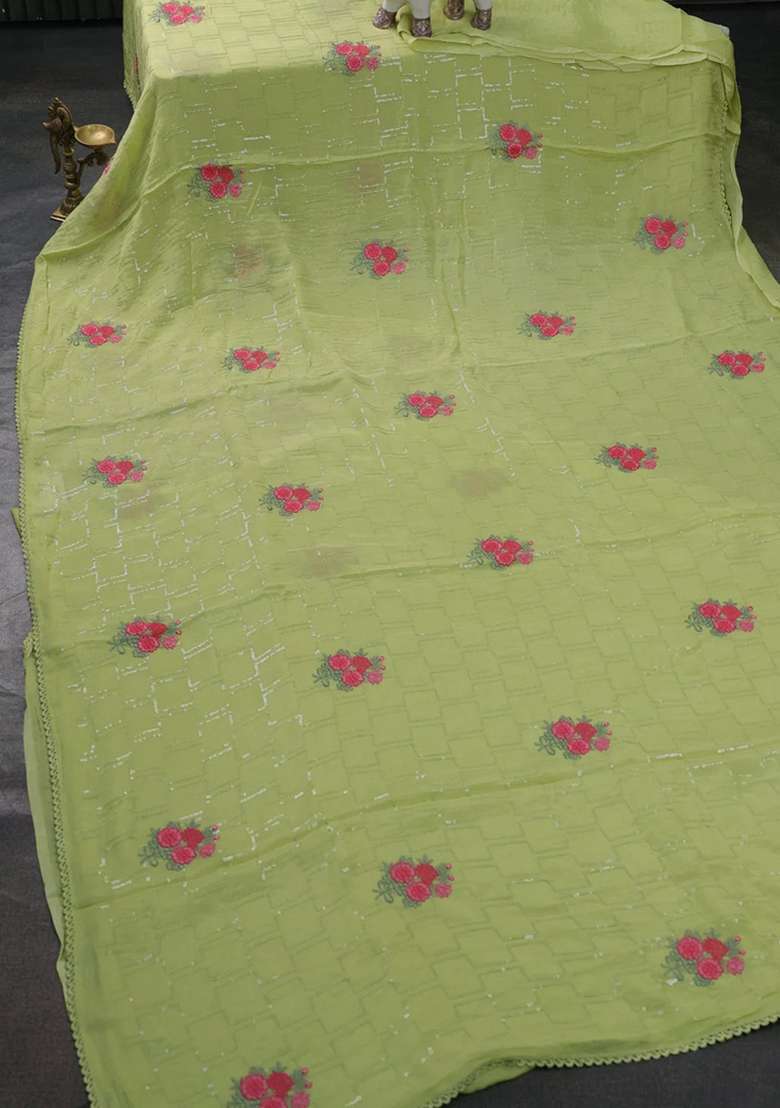 Chiffon Saree Pista Green With Sequin Embroidery Work And Lace Work Border With Embroidered Design For Women - Indya