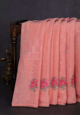 Chiffon Saree Peach With Sequin Embroidery Work And Lace Work Border With Embroidered Design For Women