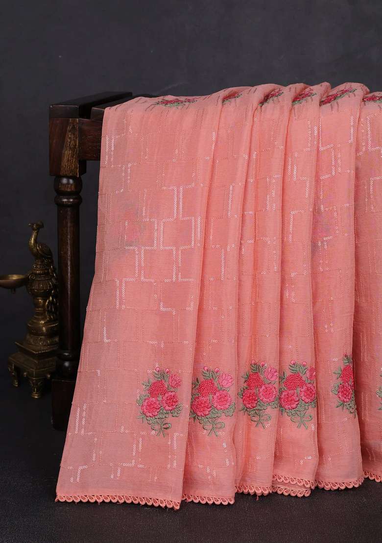 Chiffon Saree Peach With Sequin Embroidery Work And Lace Work Border With Embroidered Design For Women - Indya