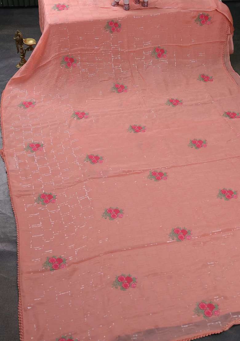 Chiffon Saree Peach With Sequin Embroidery Work And Lace Work Border With Embroidered Design For Women - Indya