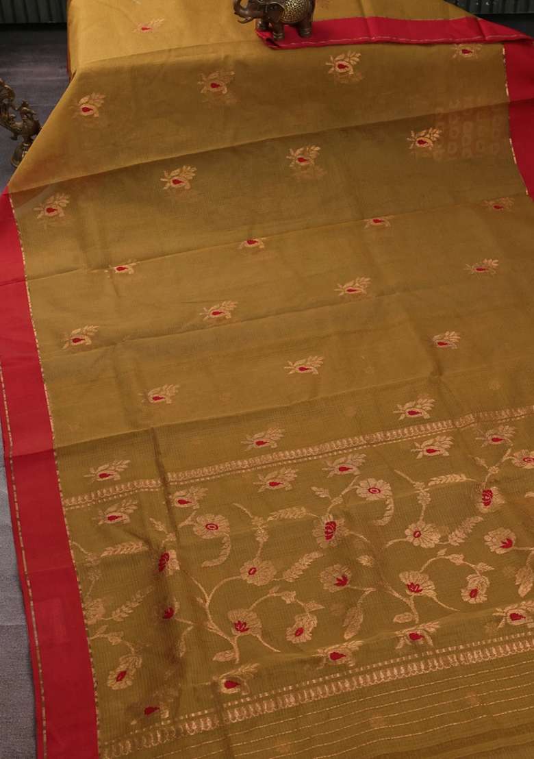 Pure Zari Kota Silk Cotton Saree Mustard Green And Red With Allover Zari Woven Buttas And Rettapet Zari Woven With Buttas And Brocade Design For Women - Indya