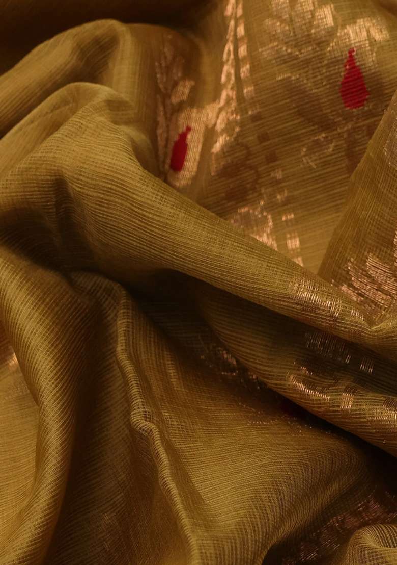 Pure Zari Kota Silk Cotton Saree Mustard Green And Red With Allover Zari Woven Buttas And Rettapet Zari Woven With Buttas And Brocade Design For Women - Indya