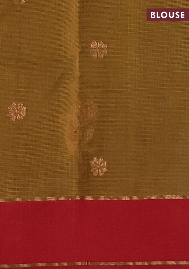 Pure Zari Kota Silk Cotton Saree Mustard Green And Red With Allover Zari Woven Buttas And Rettapet Zari Woven With Buttas And Brocade Design For Women - Indya