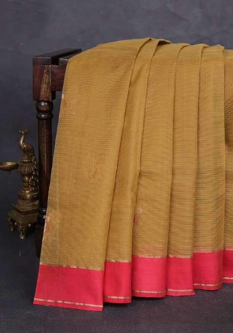 Pure Zari Kota Silk Cotton Saree Mustard Green And Red With Allover Zari Woven Buttas And Rettapet Zari Woven With Buttas And Brocade Design For Women