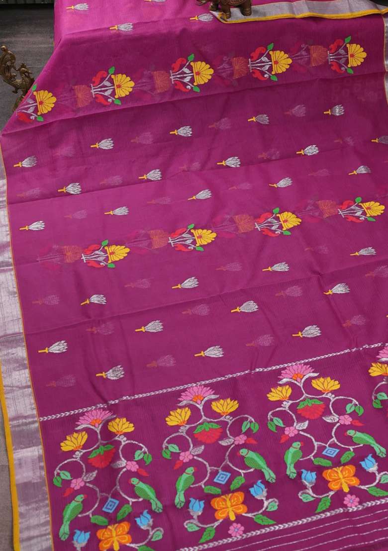 Pure Zari Kota Silk Cotton Saree Purple And Yellow With Allover Silver Thread Woven Buttas And Zari Woven With Buttas And Brocade Design For Women - Indya