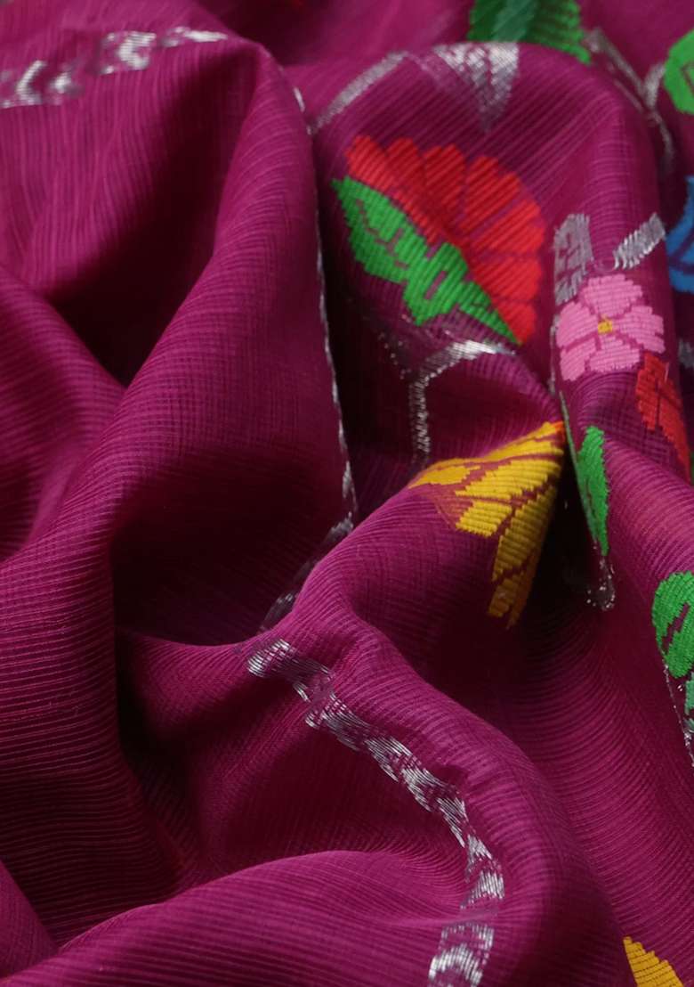 Pure Zari Kota Silk Cotton Saree Purple And Yellow With Allover Silver Thread Woven Buttas And Zari Woven With Buttas And Brocade Design For Women - Indya