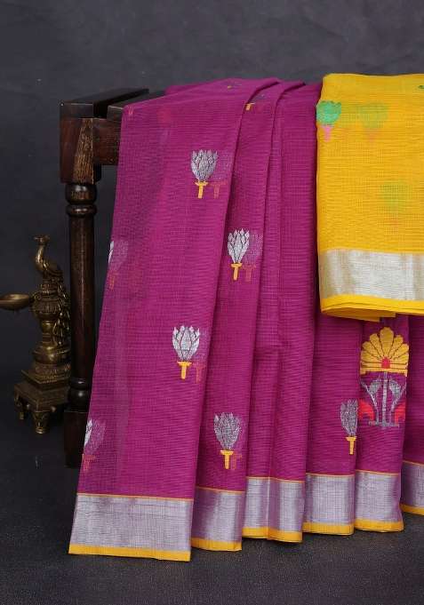 Pure Zari Kota Silk Cotton Saree Purple And Yellow With Allover Silver Thread Woven Buttas And Zari Woven With Buttas And Brocade Design For Women