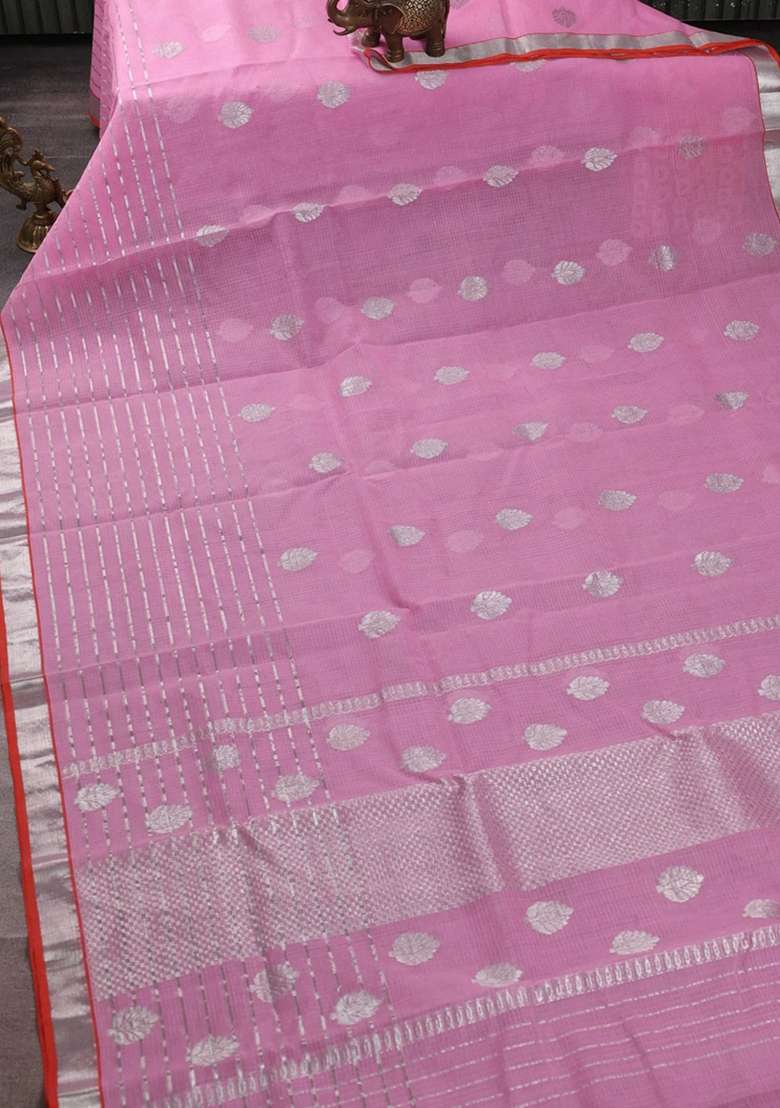 Pure Zari Kota Silk Cotton Saree Pink And Orange With Silver Zari Woven Buttas And Long Silver Zari Woven With Buttas And Brocade Design For Women - Indya