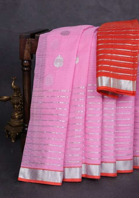 Pure Zari Kota Silk Cotton Saree Pink And Orange With Silver Zari Woven Buttas And Long Silver Zari Woven With Buttas And Brocade Design For Women