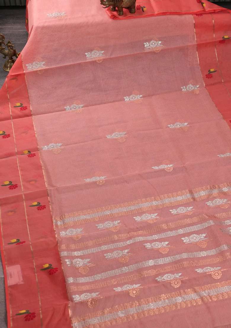 Pure Zari Kota Silk Cotton Saree Peach Orange With Allover Silver Zari Woven Buttas And Long Thread Zari With Buttas And Brocade Design For Women - Indya