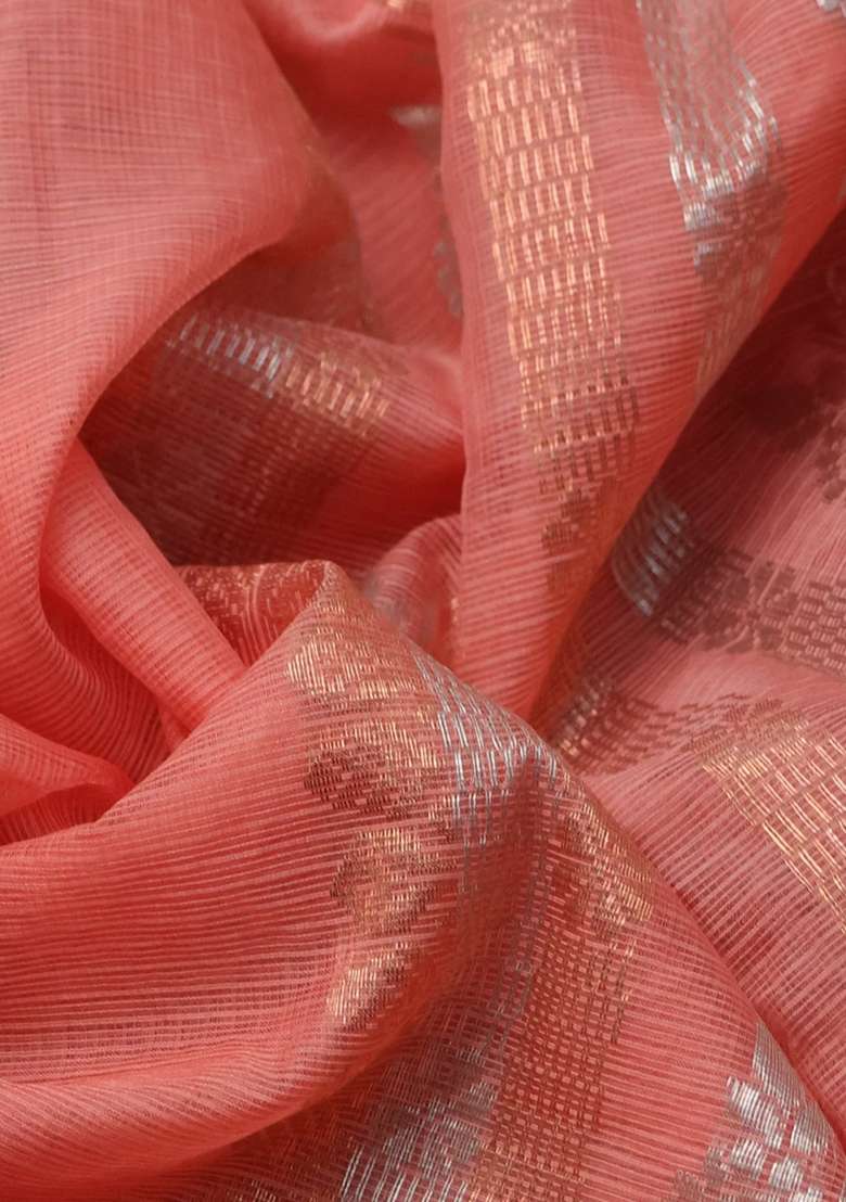 Pure Zari Kota Silk Cotton Saree Peach Orange With Allover Silver Zari Woven Buttas And Long Thread Zari With Buttas And Brocade Design For Women - Indya