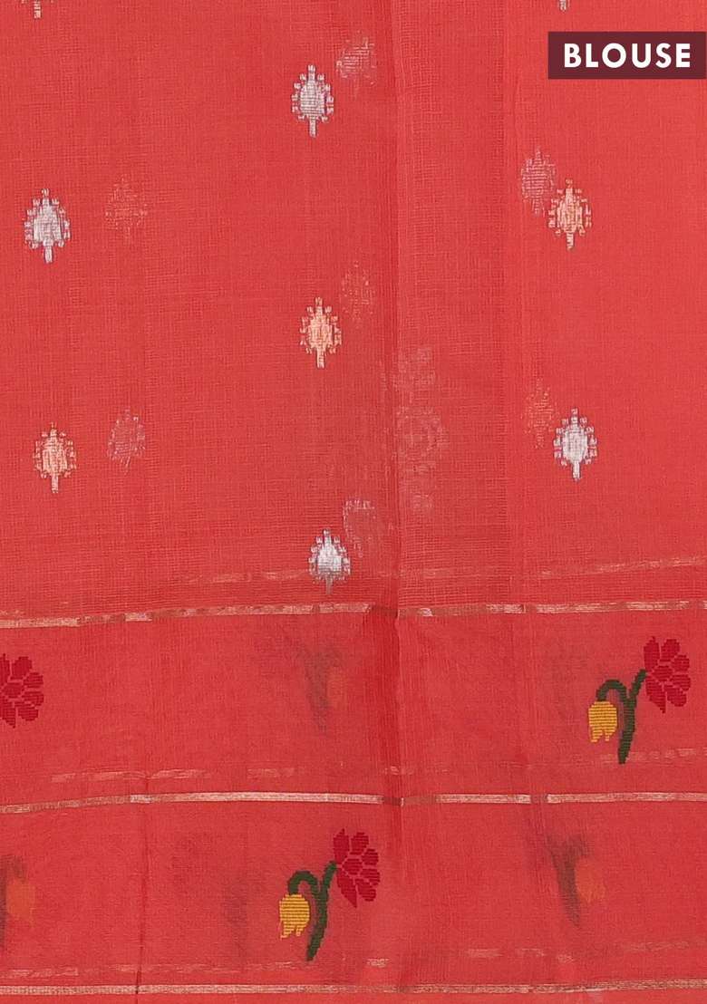 Pure Zari Kota Silk Cotton Saree Peach Orange With Allover Silver Zari Woven Buttas And Long Thread Zari With Buttas And Brocade Design For Women - Indya