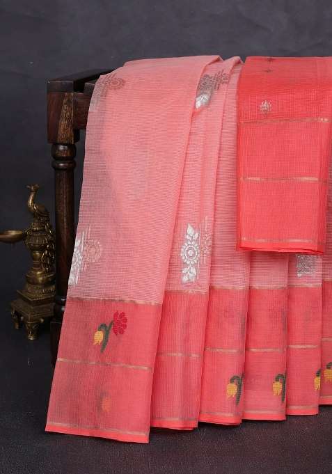 Pure Zari Kota Silk Cotton Saree Peach Orange With Allover Silver Zari Woven Buttas And Long Thread Zari With Buttas And Brocade Design For Women