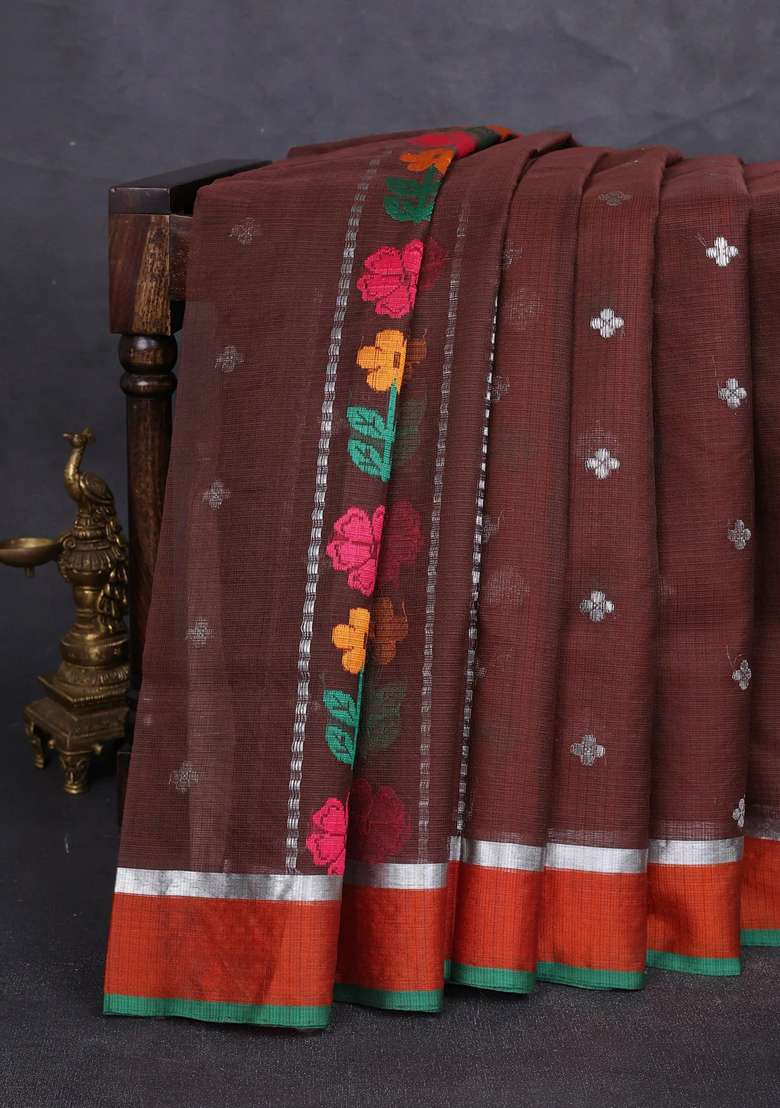 Pure Zari Kota Silk Cotton Saree Coffee Brown And Orange With Allover Silver Zari Weaves Thread Woven Buttas With Buttas And Brocade Design For Women - Indya