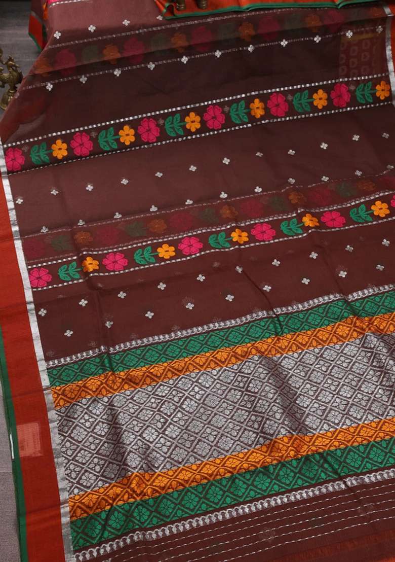 Pure Zari Kota Silk Cotton Saree Coffee Brown And Orange With Allover Silver Zari Weaves Thread Woven Buttas With Buttas And Brocade Design For Women - Indya