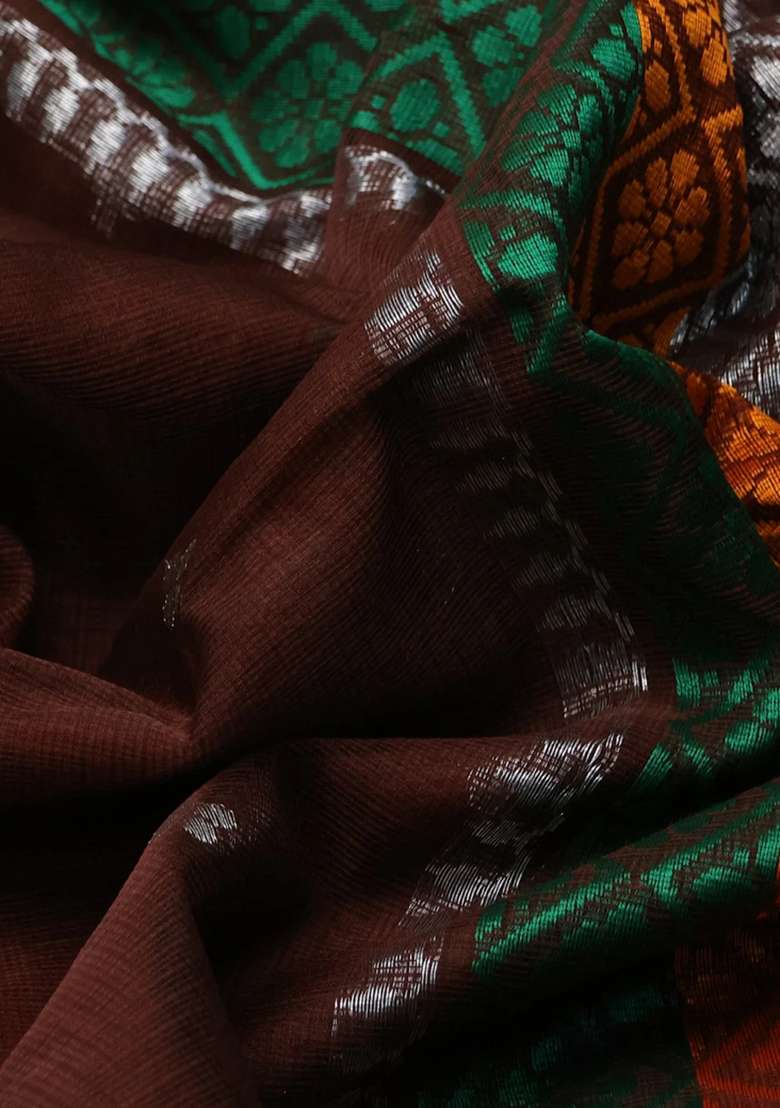 Pure Zari Kota Silk Cotton Saree Coffee Brown And Orange With Allover Silver Zari Weaves Thread Woven Buttas With Buttas And Brocade Design For Women - Indya