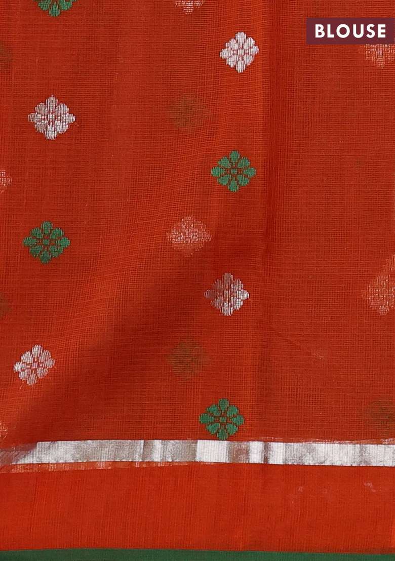 Pure Zari Kota Silk Cotton Saree Coffee Brown And Orange With Allover Silver Zari Weaves Thread Woven Buttas With Buttas And Brocade Design For Women - Indya