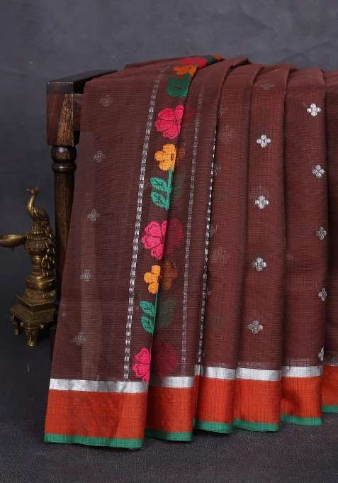 Pure Zari Kota Silk Cotton Saree Coffee Brown And Orange With Allover Silver Zari Weaves Thread Woven Buttas With Buttas And Brocade Design For Women