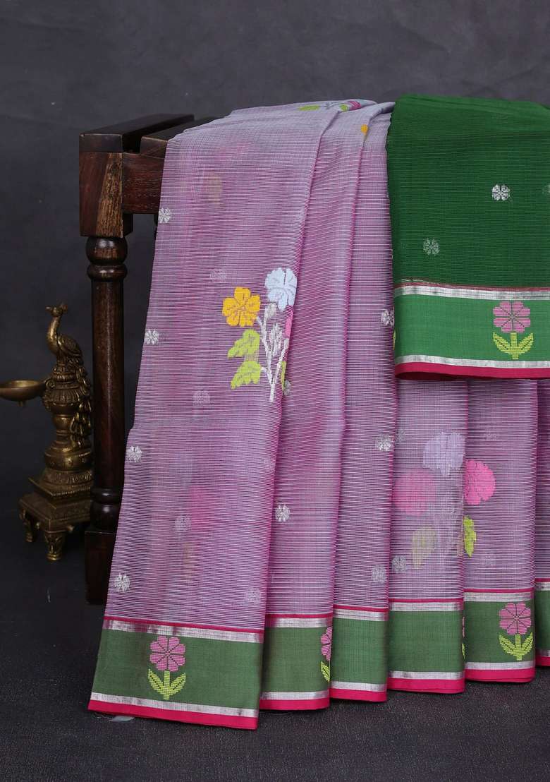 Pure Zari Kota Silk Cotton Saree Dual Shade Of Pink And Green With Allover Silver Thread Woven Buttas And With Buttas And Brocade Design For Women - Indya