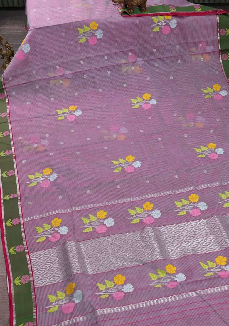 Pure Zari Kota Silk Cotton Saree Dual Shade Of Pink And Green With Allover Silver Thread Woven Buttas And With Buttas And Brocade Design For Women - Indya