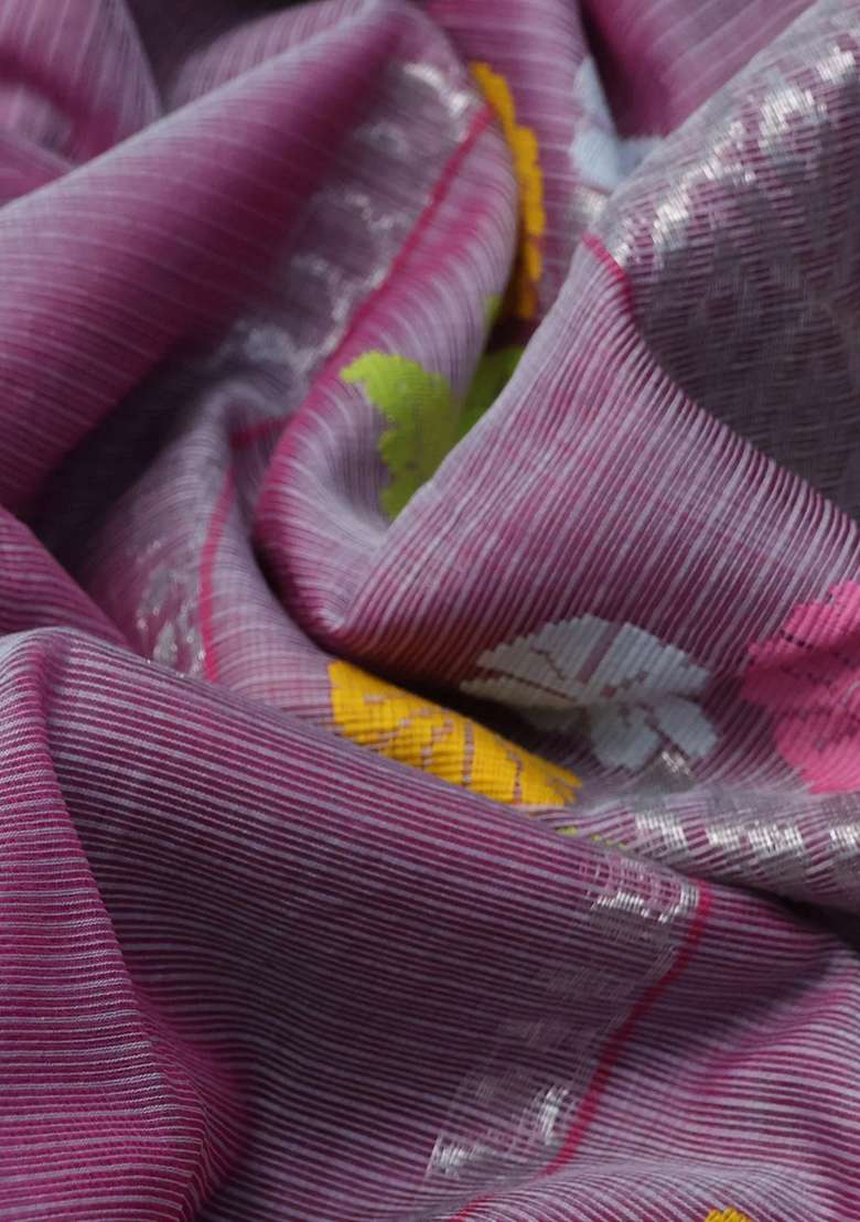 Pure Zari Kota Silk Cotton Saree Dual Shade Of Pink And Green With Allover Silver Thread Woven Buttas And With Buttas And Brocade Design For Women - Indya