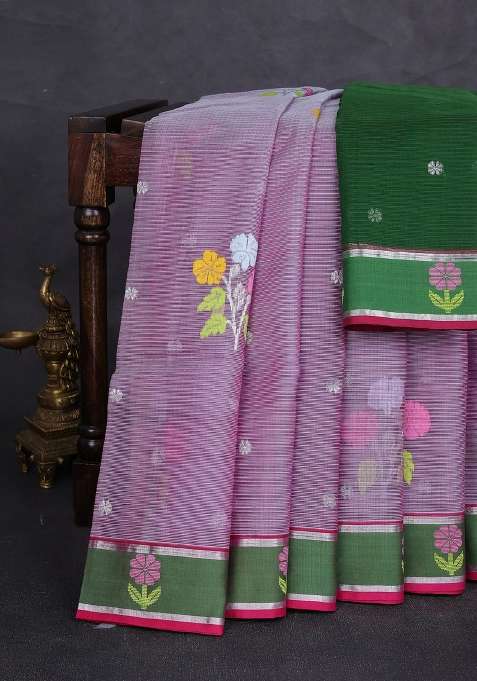 Pure Zari Kota Silk Cotton Saree Dual Shade Of Pink And Green With Allover Silver Thread Woven Buttas And With Buttas And Brocade Design For Women