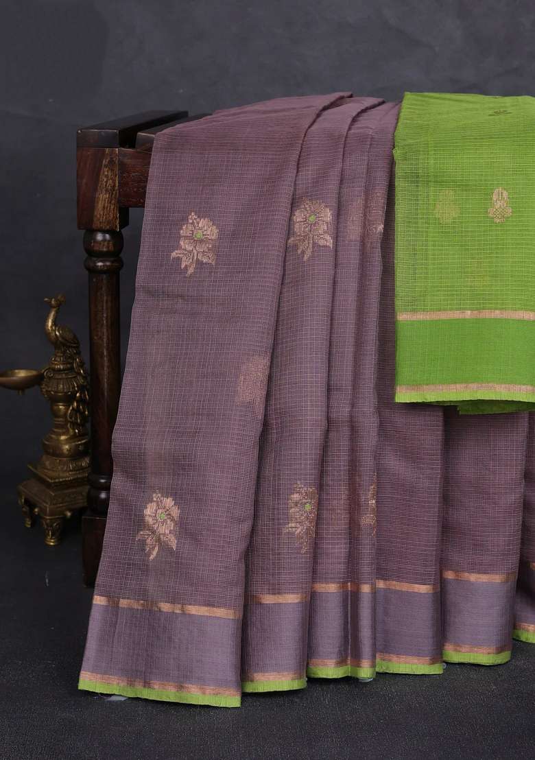 Pure Zari Kota Silk Cotton Saree Rosy Brown And Light Green With Allover Zari Woven Buttas And Rettapet Zari With Buttas And Brocade Design For Women - Indya