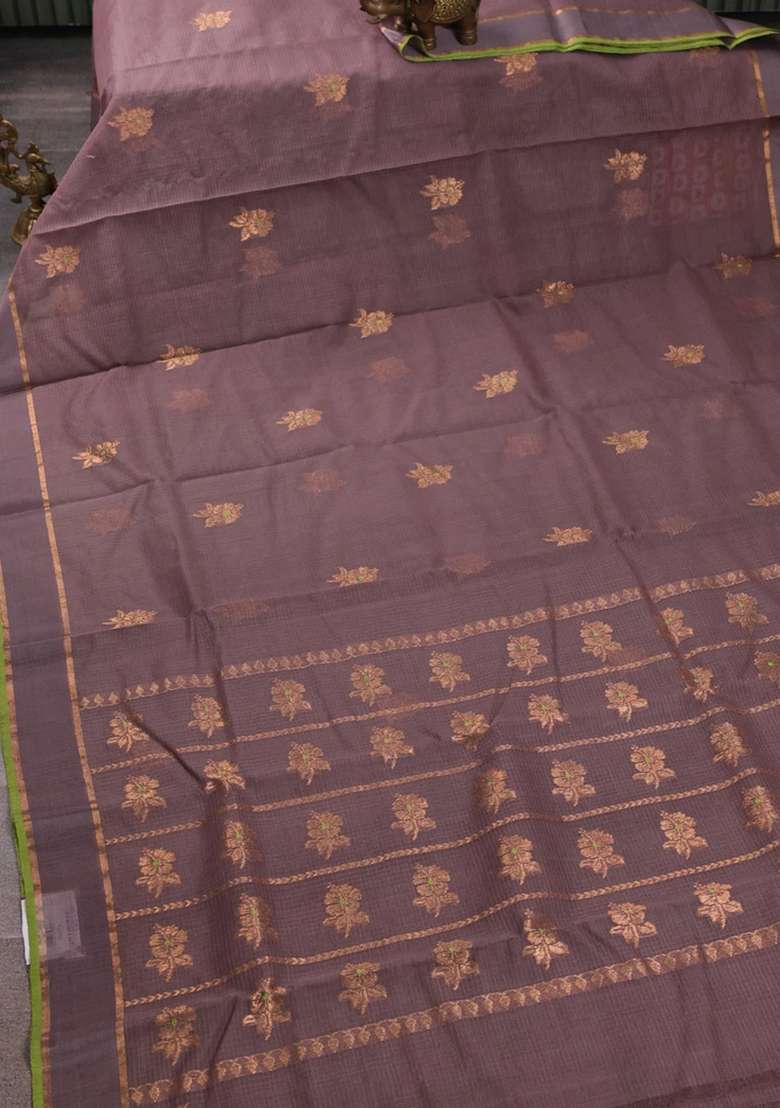 Pure Zari Kota Silk Cotton Saree Rosy Brown And Light Green With Allover Zari Woven Buttas And Rettapet Zari With Buttas And Brocade Design For Women - Indya