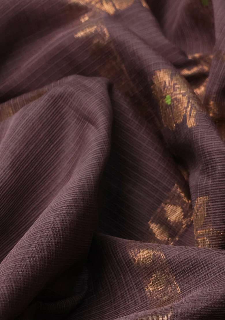 Pure Zari Kota Silk Cotton Saree Rosy Brown And Light Green With Allover Zari Woven Buttas And Rettapet Zari With Buttas And Brocade Design For Women - Indya