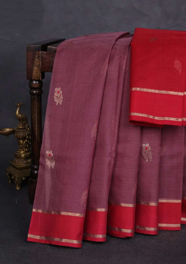 Pure Zari Kota Silk Cotton Saree Rosy Brown And Maroon With Allover Silver Zari Woven Buttas And Rettapet With Buttas And Brocade Design For Women - Indya
