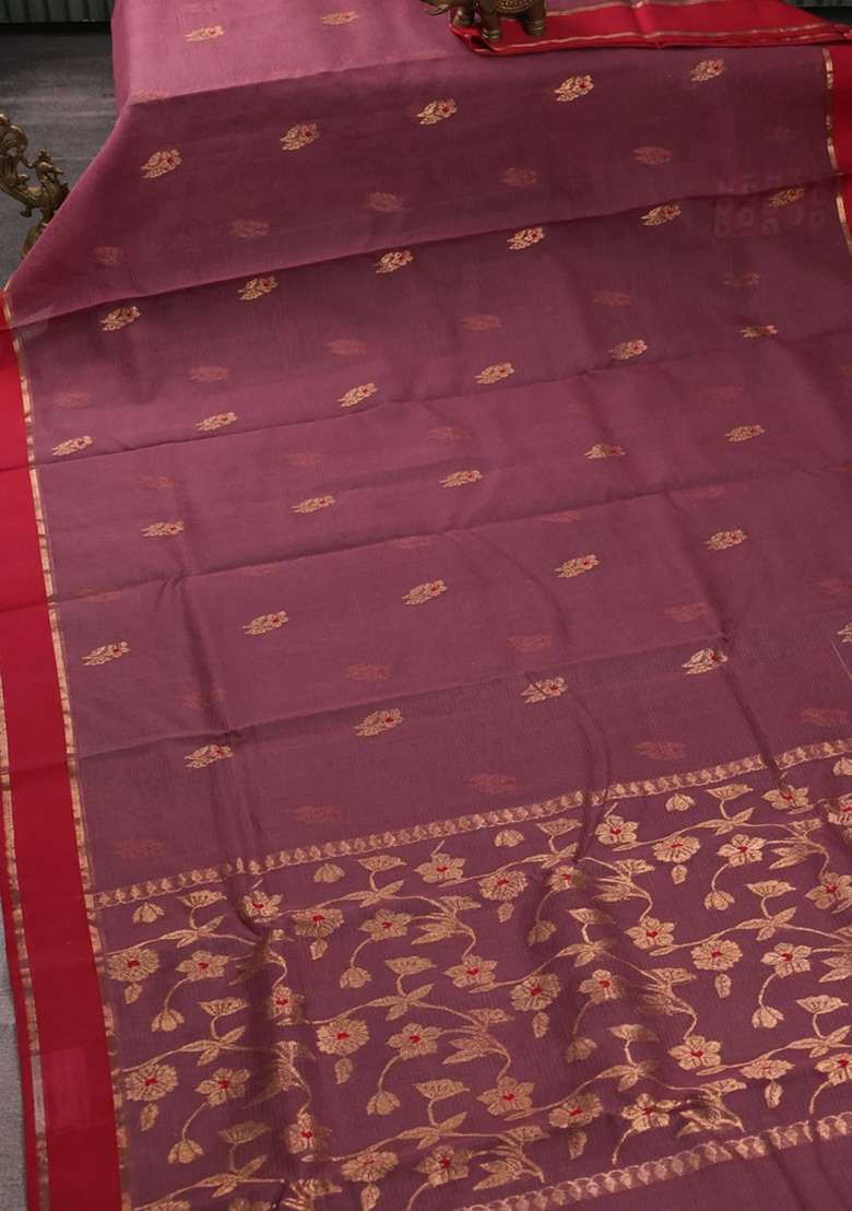 Pure Zari Kota Silk Cotton Saree Rosy Brown And Maroon With Allover Silver Zari Woven Buttas And Rettapet With Buttas And Brocade Design For Women - Indya